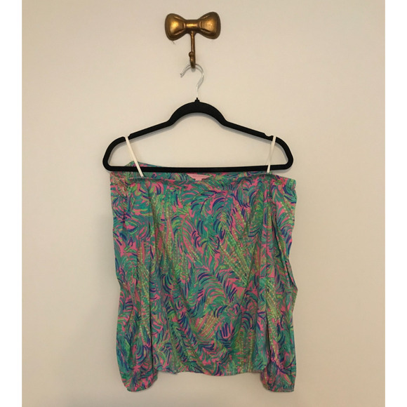 Lilly Pulitzer Adira Pink Sunset Coco Breeze Silk Off-Shoulder Top - Size Small - Picture 4 of 10